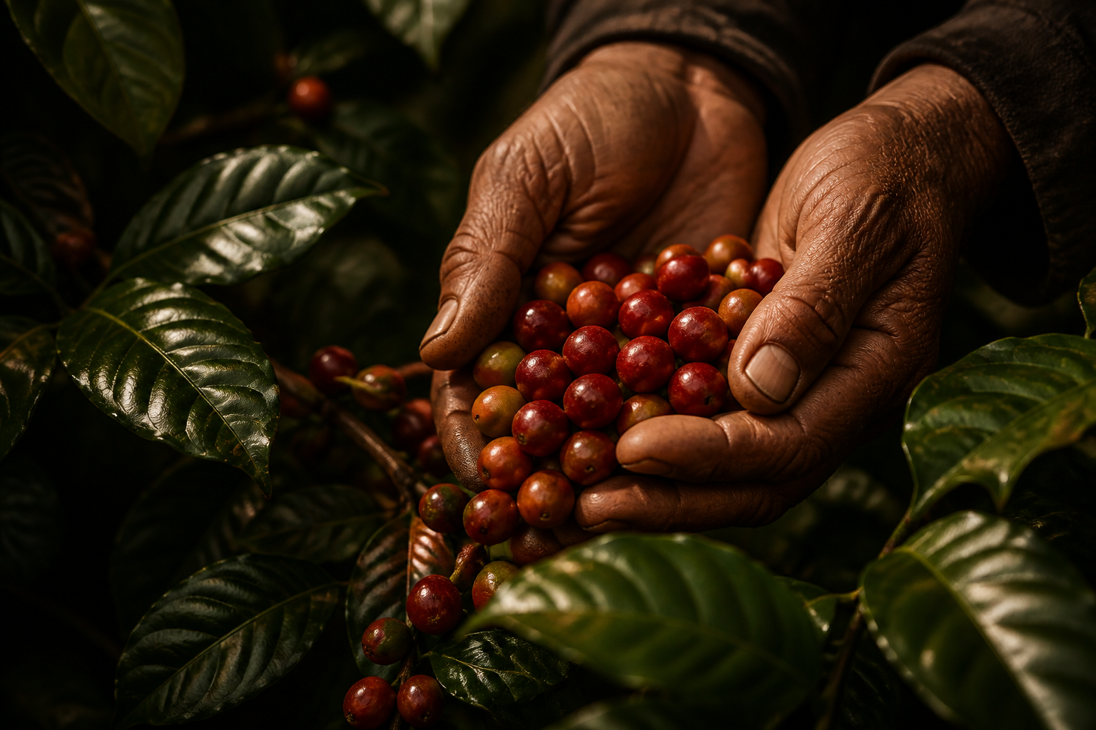 Mãos segurando grãos de café maduros